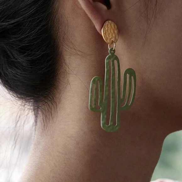 Green Textured Faux Leather Earrings with cactus Charm